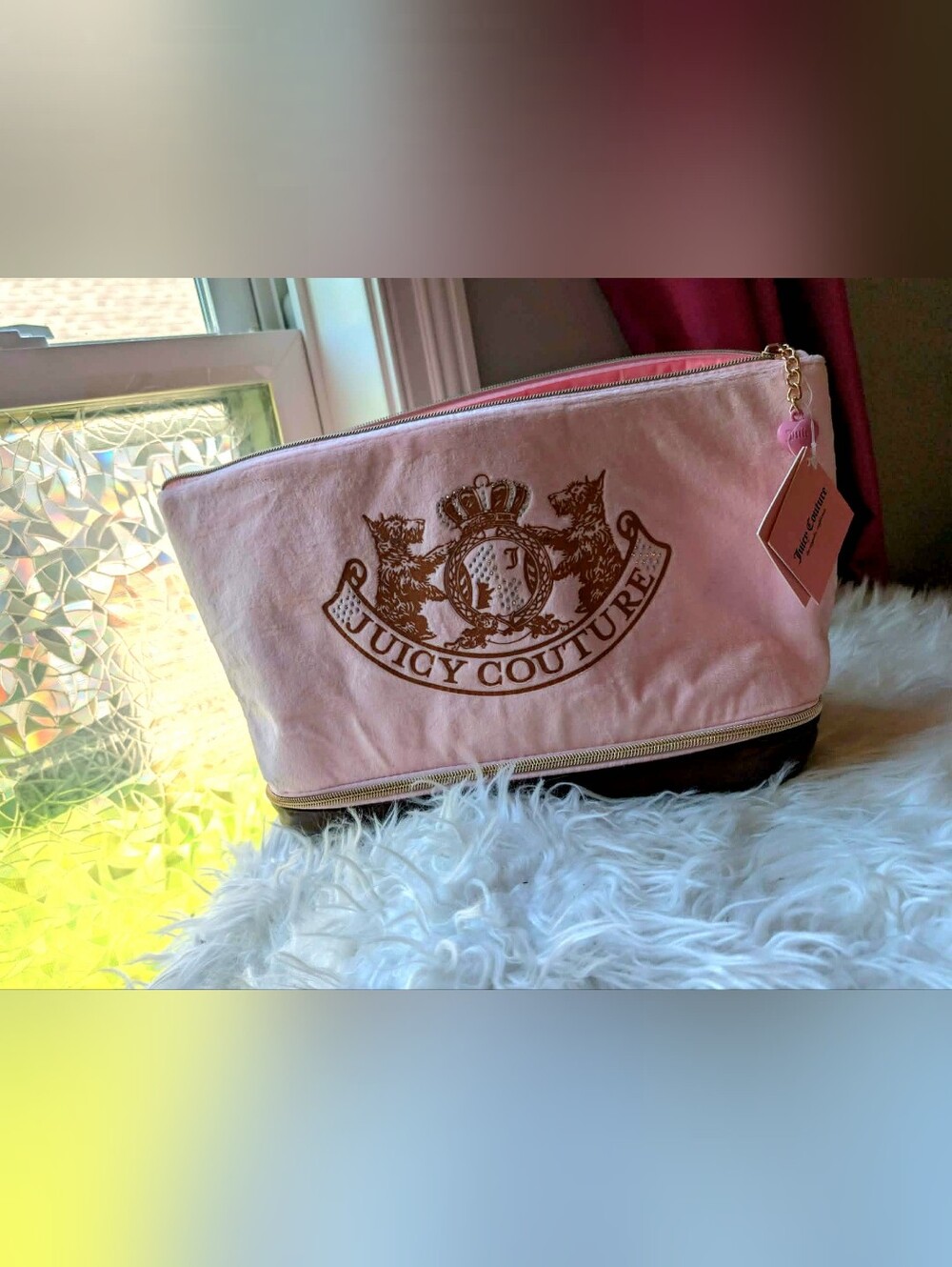 NWT XL Juicy Couture Pink Velour Makeup Pouch Gold Crest Embroidered Y2k 2000s